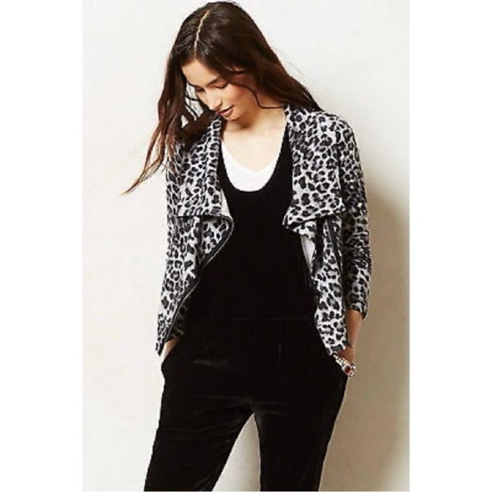 Bordeaux Leopard‎ Print Side Zip Knit Moto Jacket Grey Black Medium Funnel Neck